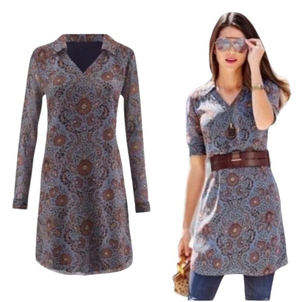 Cabi # 3295 Women Large Blue Long Sleeve Provincial Floral Tunic Dress